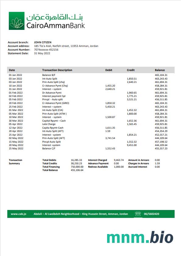Szablon wyciągu bankowego Jordan Bank of Jordan w programie Word i PDF